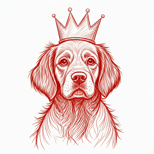 A messy red crayon drawing of a dog wearing a crown